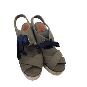 Tory Burch Army Green Canvas Espadrille Wedges size 9